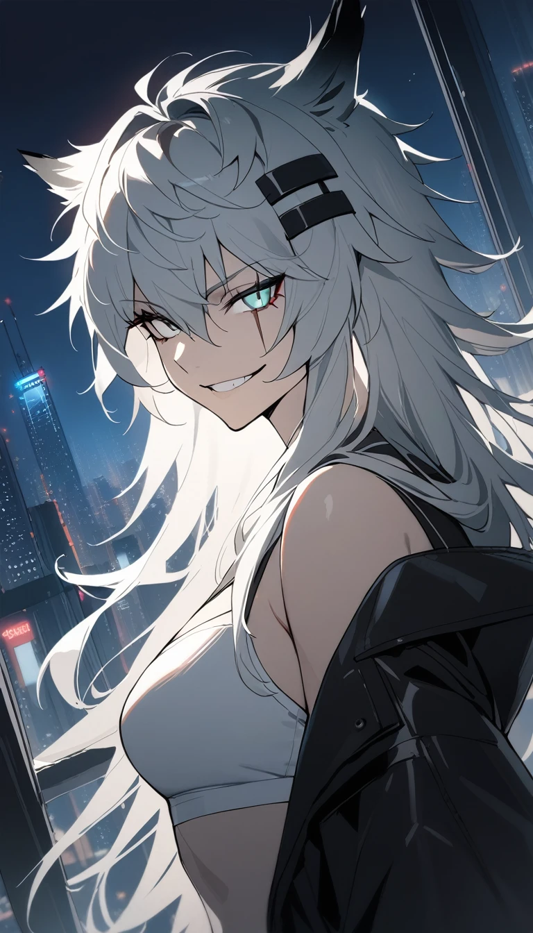 the night，On the roof of a very tall building，A girl with long silver-white hair，Naturally，What a comfortable expression，Purple eye，wearing a black bodysuit，Blowing the wind on the rooftop