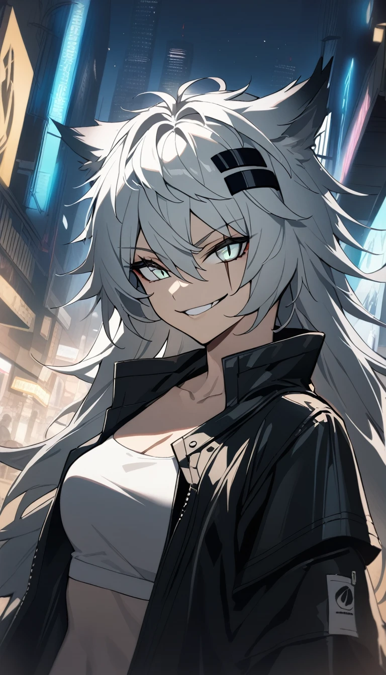 1girl, lappland\(arknights), arknights, upper body, grey hair, long hair, scar across eye, smirk, open coat, tube top, cinematic angle, night city, masterpiece, best quality