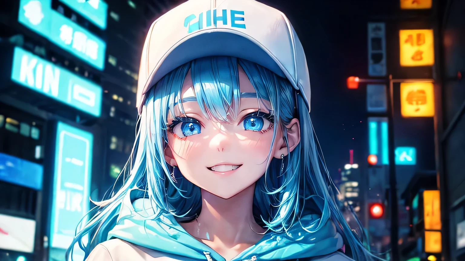 City of night、Girl、Hip Hop Fashion、Light blue hoodie、White baseball cap、(Super Detail)、(8k)、((Modern Hip Hop))、(Neon Light)、(Esbian all over)、(Highly detailed face)、(smile)、