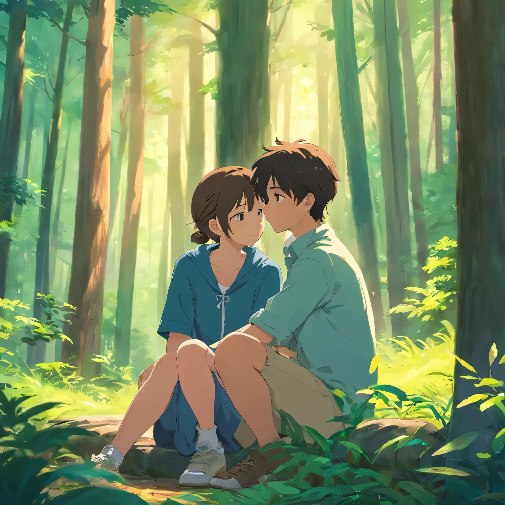 Girl on a boy's lap in forest alone. They are looking shy and looking into each other's eyes.
