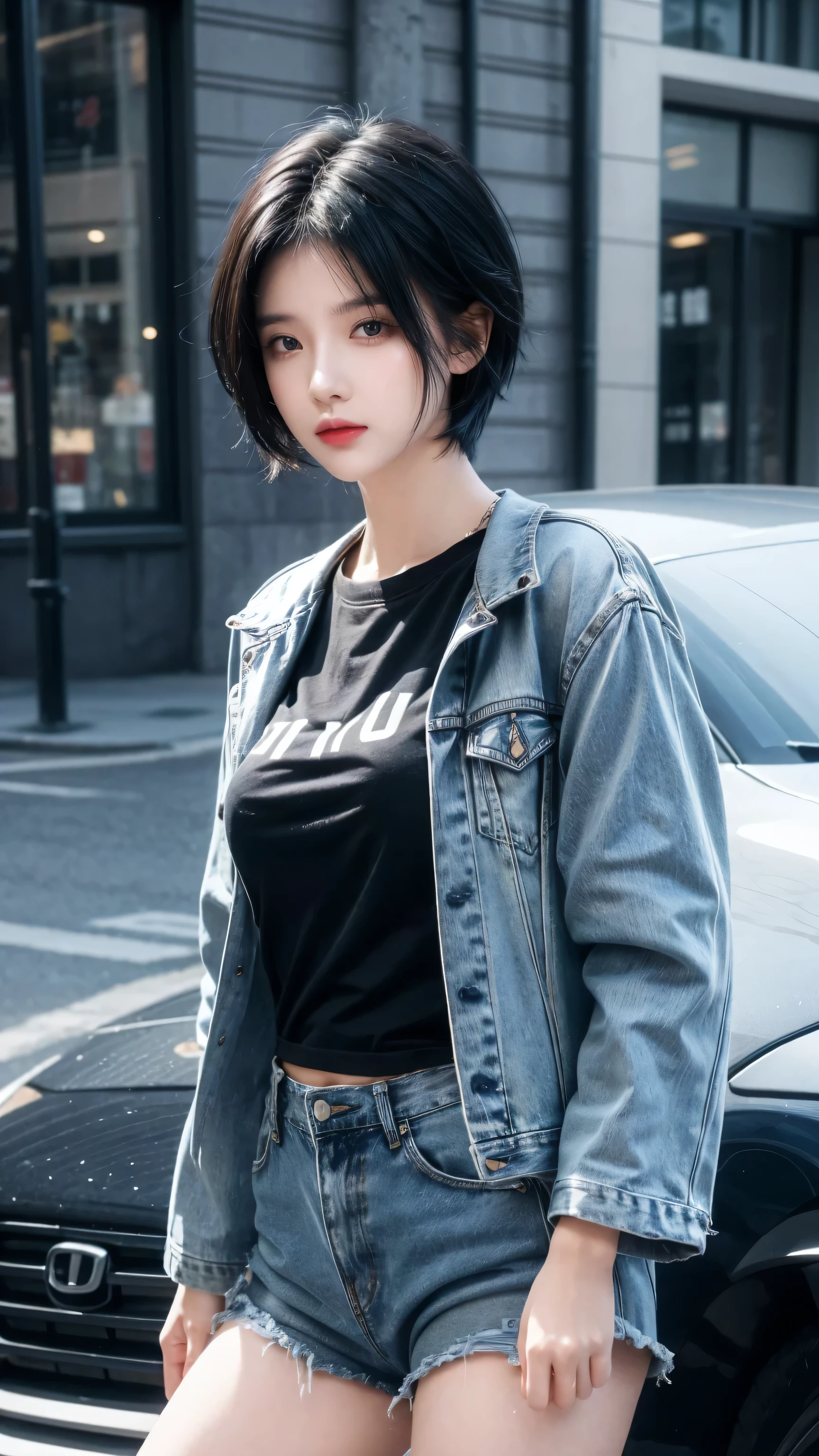 best quality, 1 Girl, dark blue hair, black eyes, Very short hair, Spiky hair, t-shirt, short jacket , High waist jeans, 171 cm, Messy hair, Hair between the eyes, Medium breasts, full, Tomboy, aldult, 20 years old, 1 Girl