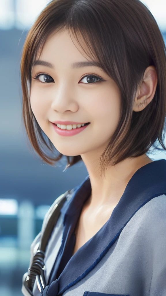 (anime,portrait,highly-detailed,photorealistic:1.2,best quality,4k,8k,highres,masterpiece:1.2), (ultra-detailed, realistic, photorealistic:1.37), (portrait of a young smiling Japanese girl with an innocent and super ultra cute expression, photorealistic style:1.2), (Close-up of her face:2.5).(Her eyes are perfect, clear and beautiful details:2.0), (her eyes are extremely enchanting:1.5), (her baby-like face is exquisitely detailed, showing every fine feature:1.5), (She has a short hair:1.5), (neatly-styled hair enhances her charm:1.0), (She is a cabin attendant:2.0),(She is wearing a navy blue uniform:1.5), (looking both professional and captivating:1.5), (her radiant smile exudes joy and warmth:1.0), (the sunlight gently illuminates her pretty face, casting a gentle and warm lighting:1.25), the colors are vibrant, enhancing the overall vibrancy of the portrait:1.0.(She is at the airport:2.0).(Concrete building as background:1.5)
