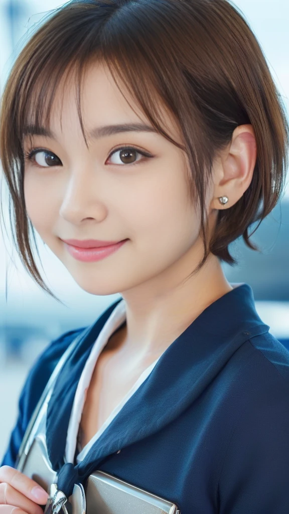 (anime,portrait,highly-detailed,photorealistic:1.2,best quality,4k,8k,highres,masterpiece:1.2), (ultra-detailed, realistic, photorealistic:1.37), (portrait of a young smiling Japanese girl with an innocent and super ultra cute expression, photorealistic style:1.2), (Close-up of her face:2.5).(Her eyes are perfect, clear and beautiful details:2.0), (her eyes are extremely enchanting:1.5), (her -like face is exquisitely detailed, showing every fine feature:1.5), (She has a short hair:1.5), (neatly-styled hair enhances her charm:1.0), (She is a cabin attendant:2.0),(She is wearing a navy blue uniform:1.5), (looking both professional and captivating:1.5), (her radiant smile exudes joy and warmth:1.0), (the sunlight gently illuminates her pretty face, casting a gentle and warm lighting:1.25), the colors are vibrant, enhancing the overall vibrancy of the portrait:1.0.(She is at the airport:2.0).(Concrete building as background:1.5)
