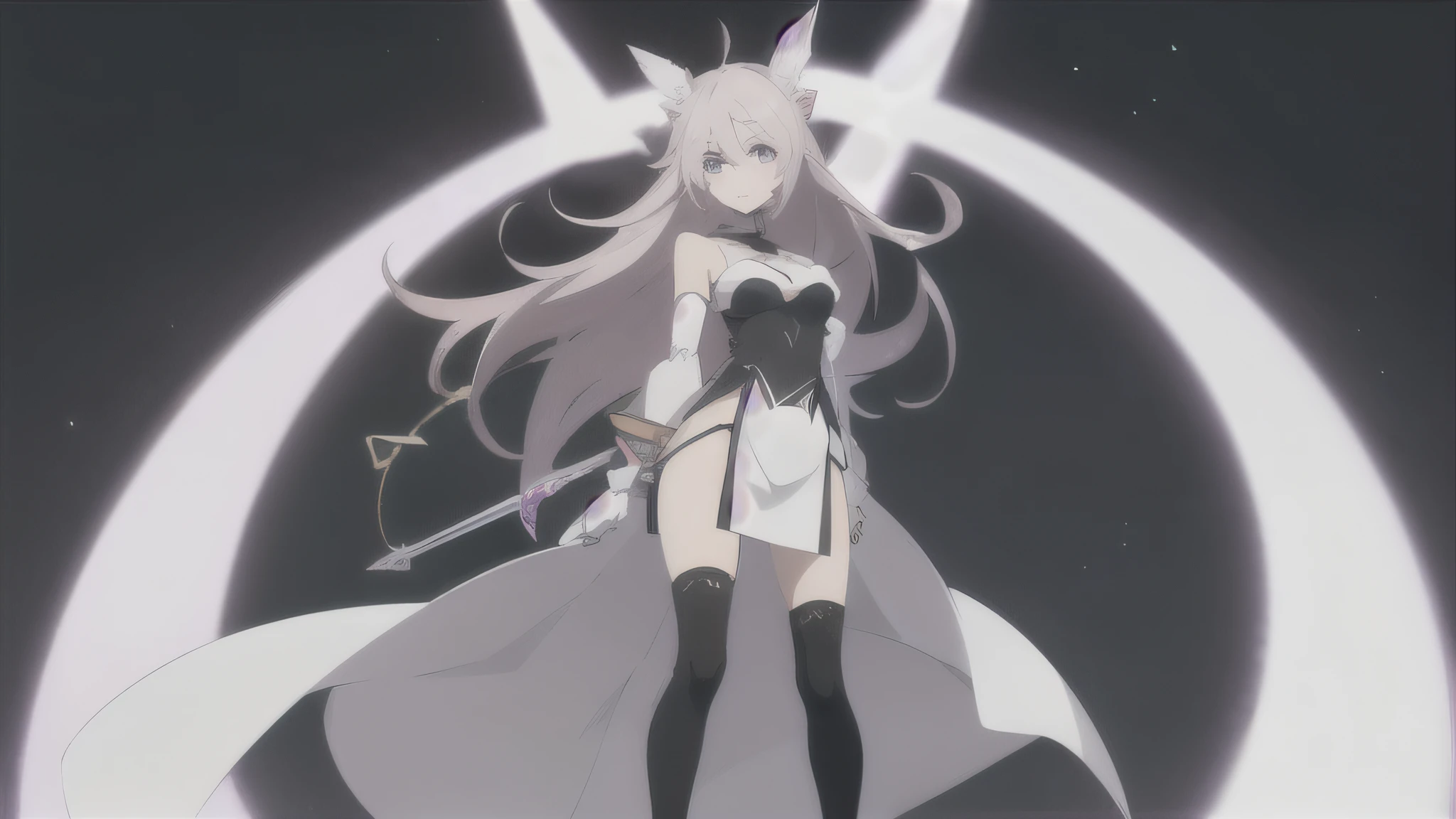 Minimalist anime-style desktop wallpaper, girl in revealing attire, standing elegantly, anime-style features with large expressive eyes, vibrant flowing hair, light anime makeup, revealing yet tasteful outfit, thigh-high socks, simplistic geometric background with soft pastel shading, accentuating the character without overwhelming detail, soft ambient lighting highlighting the character, clean and smooth lines, focusing on a blend of simplicity and anime aesthetics;
