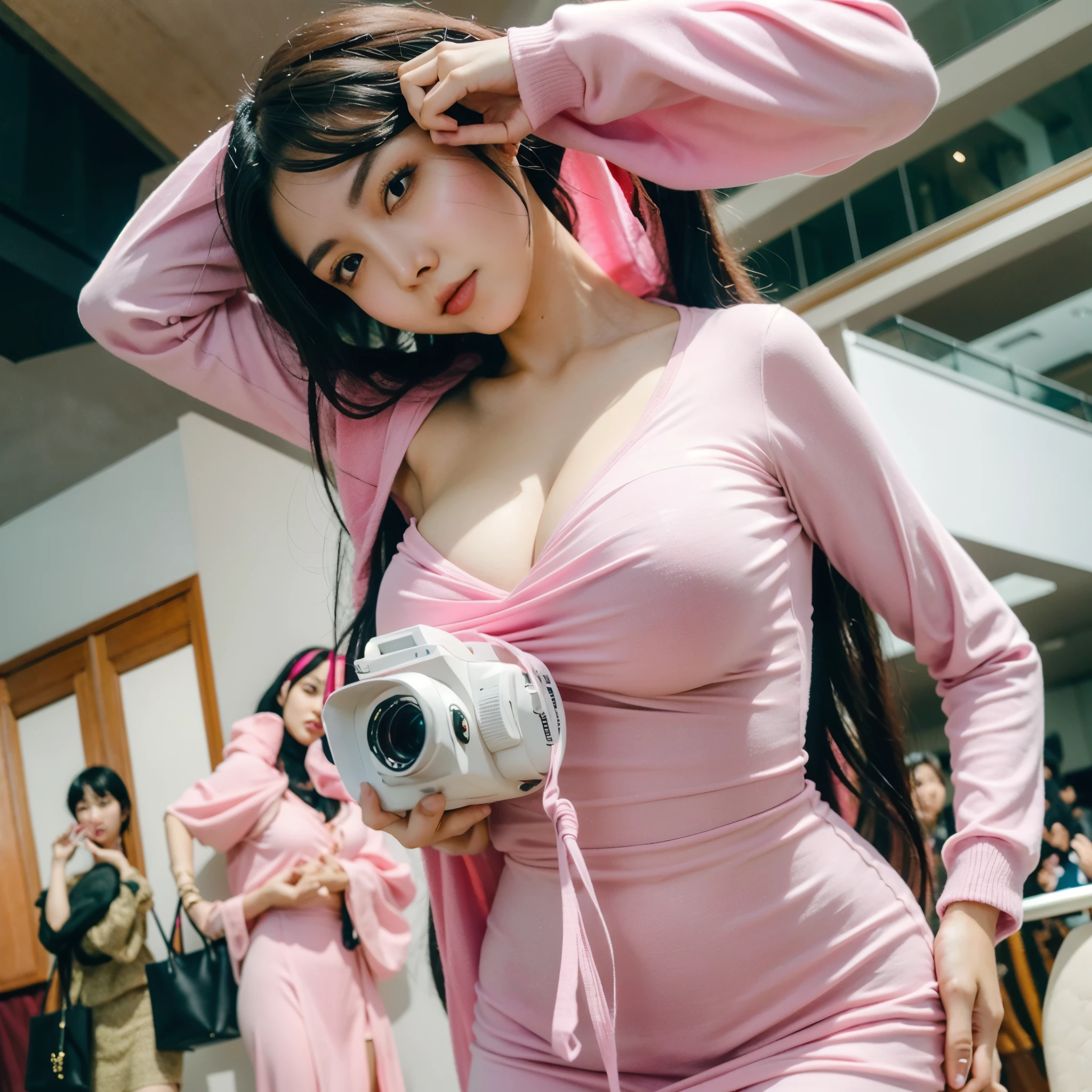 photo of 22 year old hijab girl, 8k quality, Chinese mixed Korean, wearing tight but covered clothes, wearing a pink hijab, pink lips, pink dress with sexy long sleeves, face smooth like jade, gigantic breasts:1.5, patterned dress, high quality , soft lighting, 8k uhd, dslr, busy mall background, holding a white luxury bag