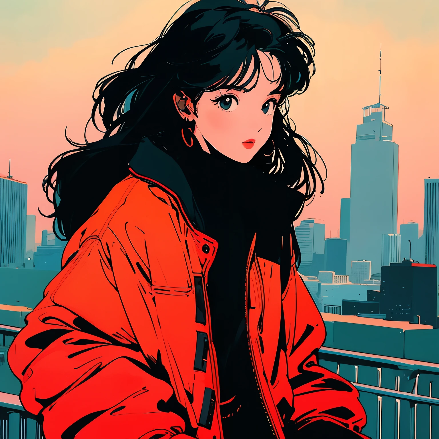 whole body, Upper Body、1 female, 4k, Warm colors , Black clothes, View the city from the rooftop, beautiful, cool, Complex background