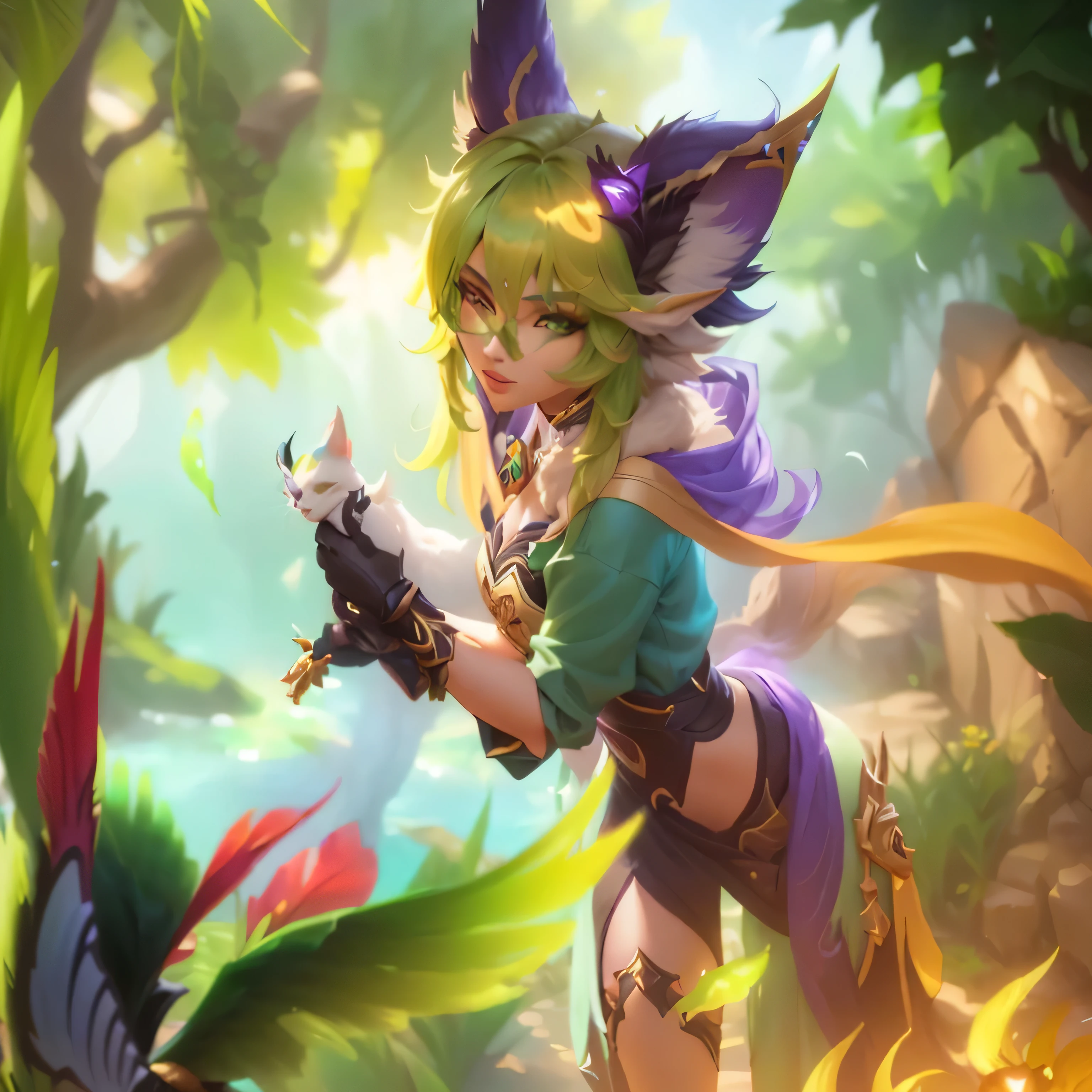 a woman in a green shirt and a cat with a bird on her shoulder, exotic fey features, wild rift, mobile legends, style league of legends, pixie character, from league of legends, league of legends character, qiyana, ayaka game genshin impact, tane skin, style of league of legends, official splash art, sfw version, mana art
