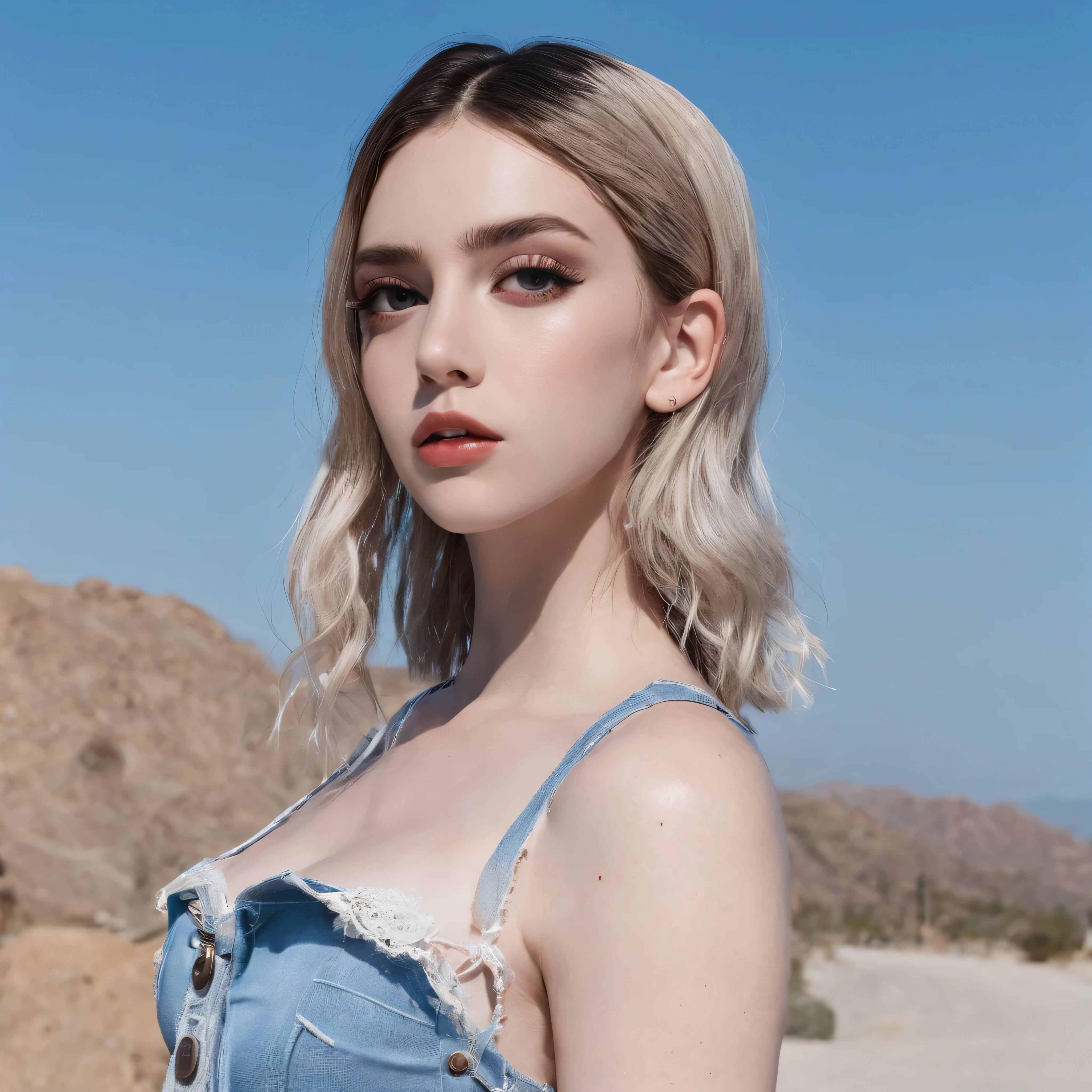 Garota egirl Albina de cabelos cacheados ruivos de Bustier Cropped feito de Renda "branca", de Short jeans curto claro in Los Angeles com vista de "very blue sky"