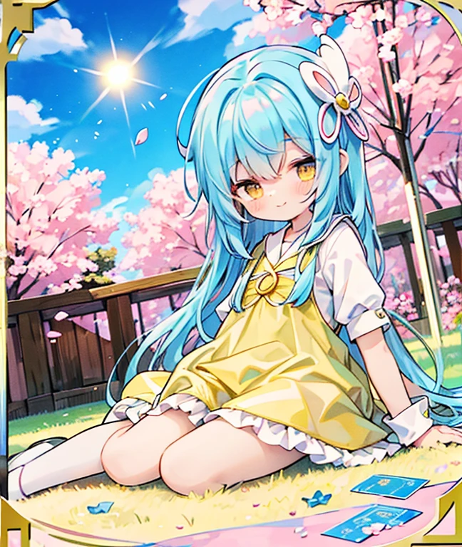 (Tabletop)Long Hair、Yellow Eyes、Blue Hair、Card Captor Sakura、clear card version、kinomoto sakura、about、fluffy、clear sky and sun、smile、rainbow、pastel colour、One Girl、Background Single Color、Simple、Sitting、