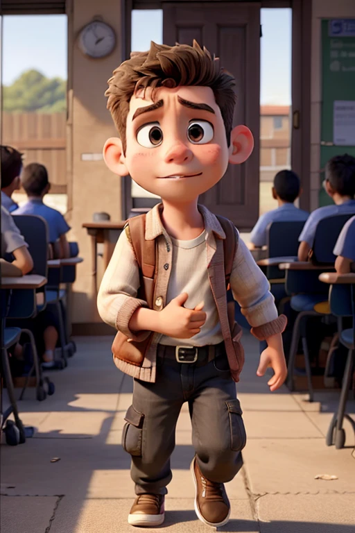 a younng caucasian boy, bad behavior, bad facial expressions, at school, running after a younger caucasian boy to bully him. The younger boy is afraid and sad.