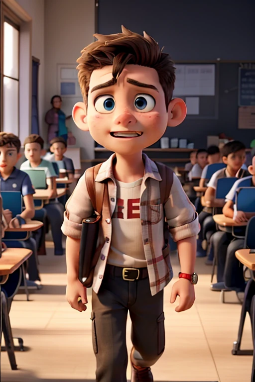 a younng caucasian boy, bad behavior, bad facial expressions, at school, running after a younger caucasian boy to bully him. The younger boy is afraid and sad.
