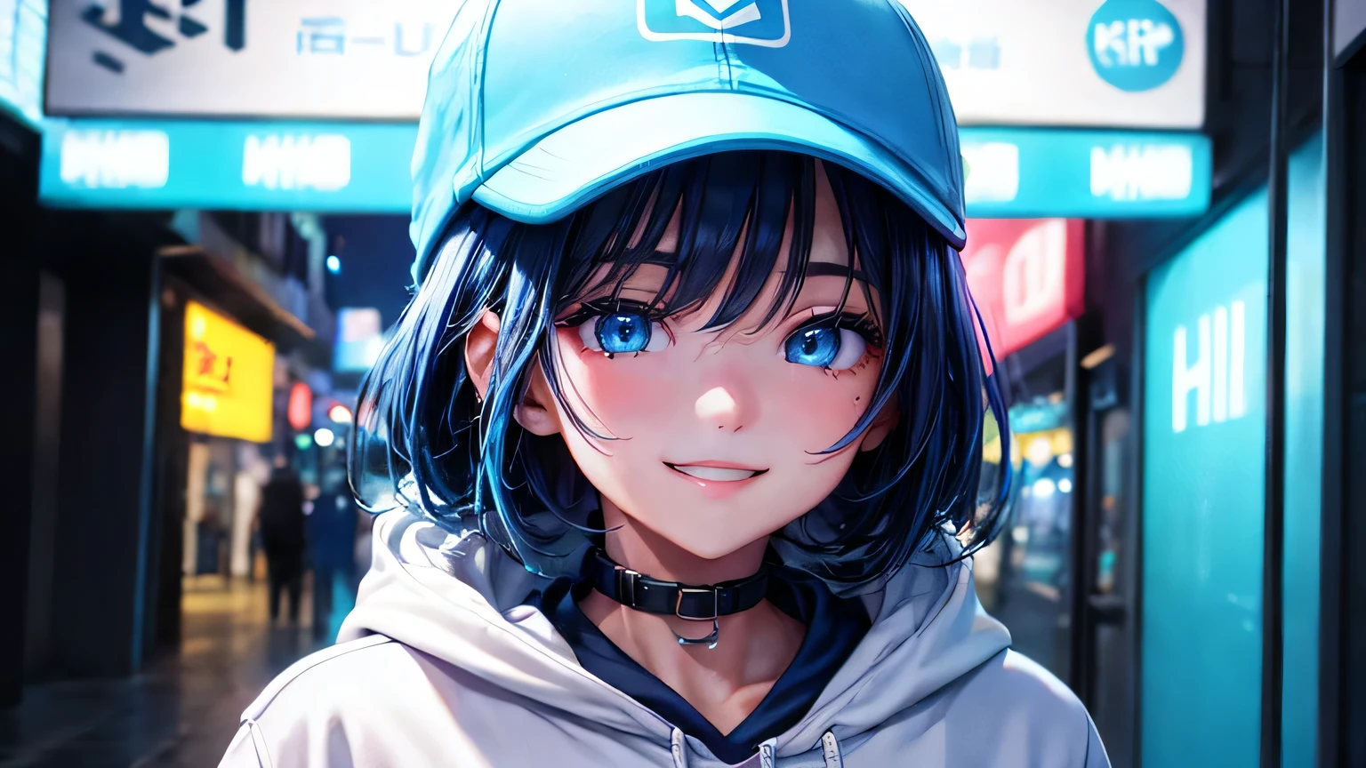 City of night、Girl、Hip Hop Fashion、Light blue hoodie、White baseball cap、(Super Detail)、(8k)、((Modern Hip Hop))、(Neon Light)、(Esbian all over)、(Highly detailed face)、(smile)、