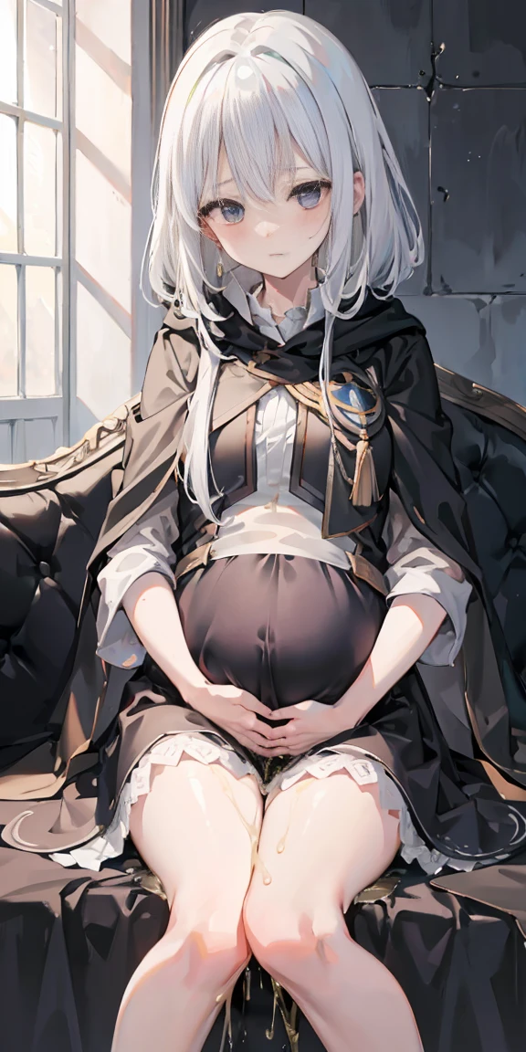 Elaina,white ash hair, anime girl, white shirt,black skirt, (black cloak:1.2), pale face, sweating, heavy breath, blushing, pregnant, Pregnant belly, (best quality:1.2), ultra-detailed,realistic ,portraits, vivid colors, soft lighting, interesting PoV, (pee is white:0.7), spread kneel, Lie down on sofa, (the girl is leaked pee: 1.3), stocking