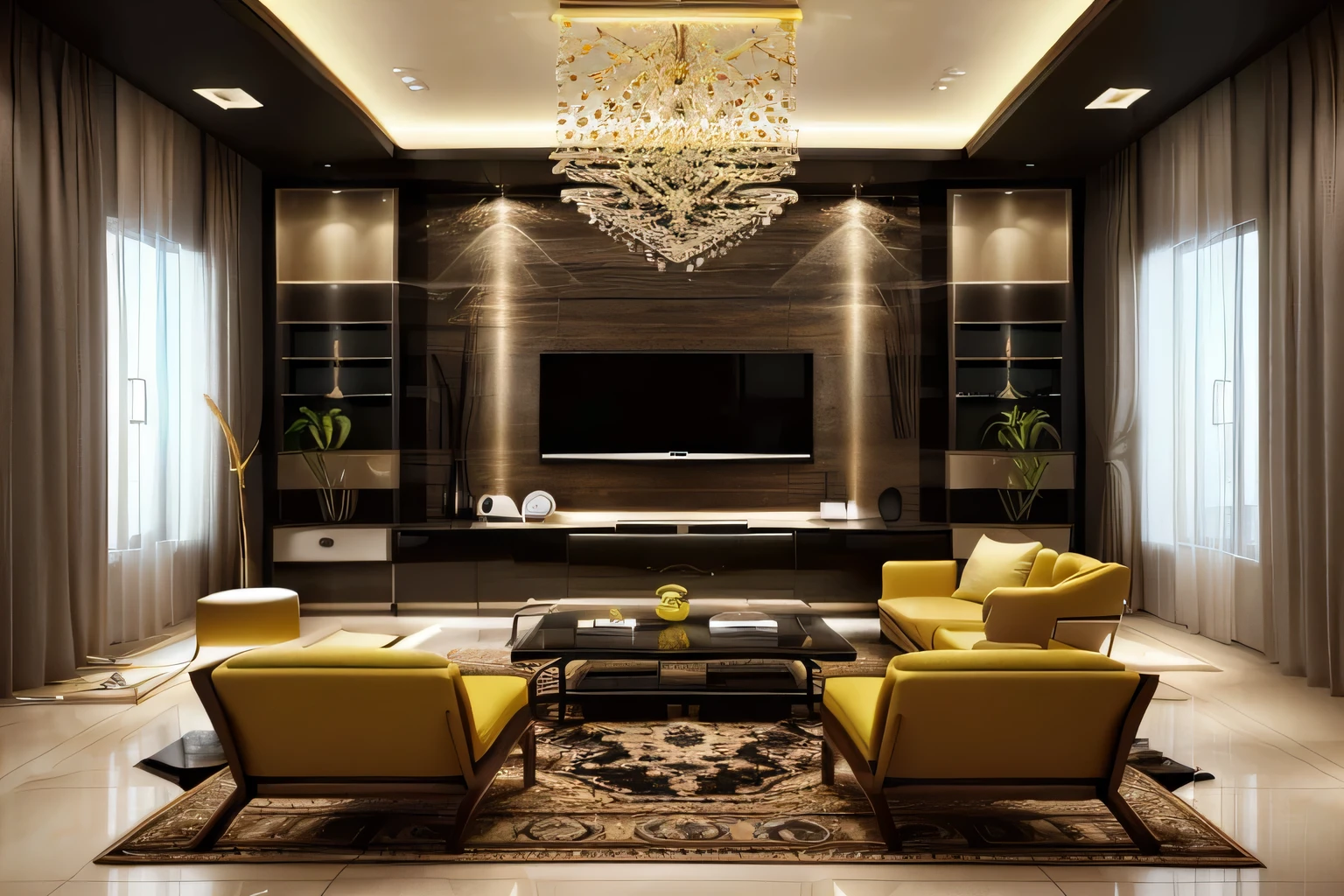 arafed living room with a television and yellow chairs, interior living room, living room interior design, living room interior, modern living room, luxury condo interior, cozy contemporary living room, islamic interior design, popular interior design style, interior design living room, neotraditional modern minimalist, cinematic accent lighting, beautifully symmetrical, dramatic lighting render, vray rendered