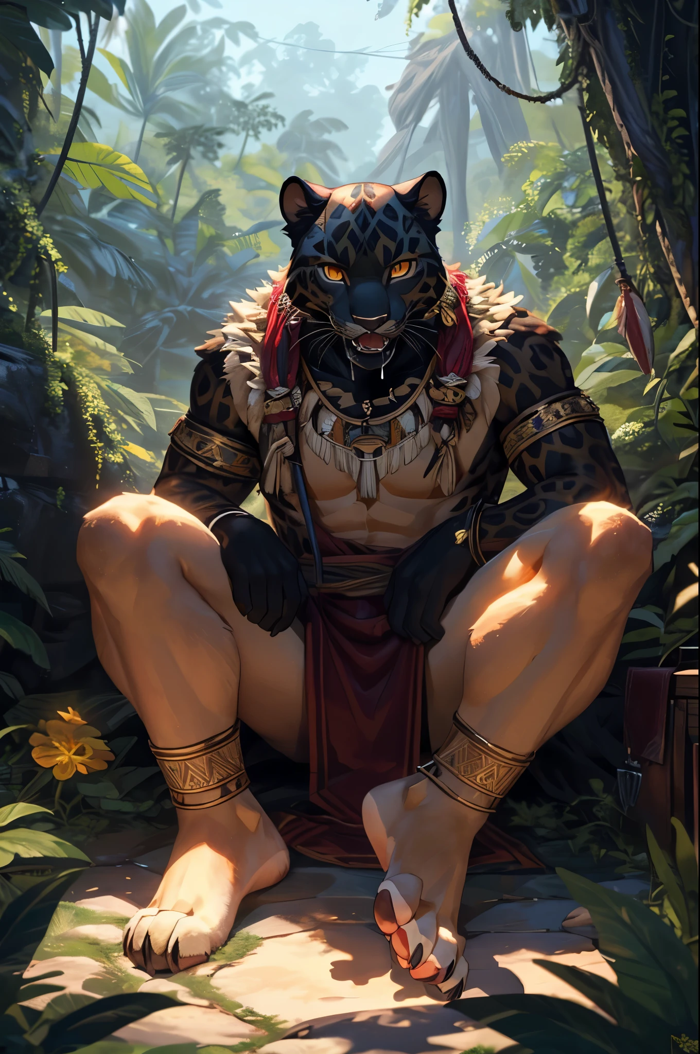 (((sfw))), (((Barefoot furry character, full body, cinematic setting, furry male, plantigrade))) Curare depicted as stealthy and agile ((black panther)) anthro with sleek black fur and piercing amber eyes. Clad in tribal-inspired attire with dart motifs symbolizing curare's traditional use in blow darts. The figure sitting barefoot in a dense rainforest setting, surrounded by vines and exotic plants like Strychnos toxifera, used in curare preparation by indigenous tribes. (((nice feet paws, soles with pawpads, one feet lifted))), BREAK, detailed background, 8K, (masterpiece:1.5), intricate details, highly detailed, extreme detail, octane render, fine art, best quality, highres, (detailed face:1.5), ((full_body)), UHD, (((perfect hands))), low light, (((green glow in eyes, open mouth, drooling, deeply hypnotised)))