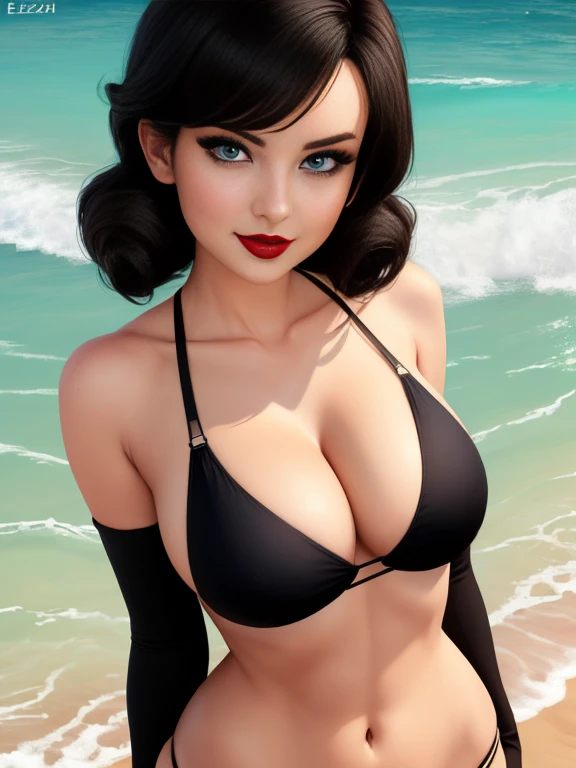 core_9, score_8_up, score_7_up, Elizabeth, solo, looking at viewer, (smirk), lewd pose, micro bikini, on a beach, black hair, blue eyes, red lipstick, hair to shoulders, perky breasts, cleavage, (insanely detailed, beautiful detailed face, masterpiece, best quality), sexy expression 