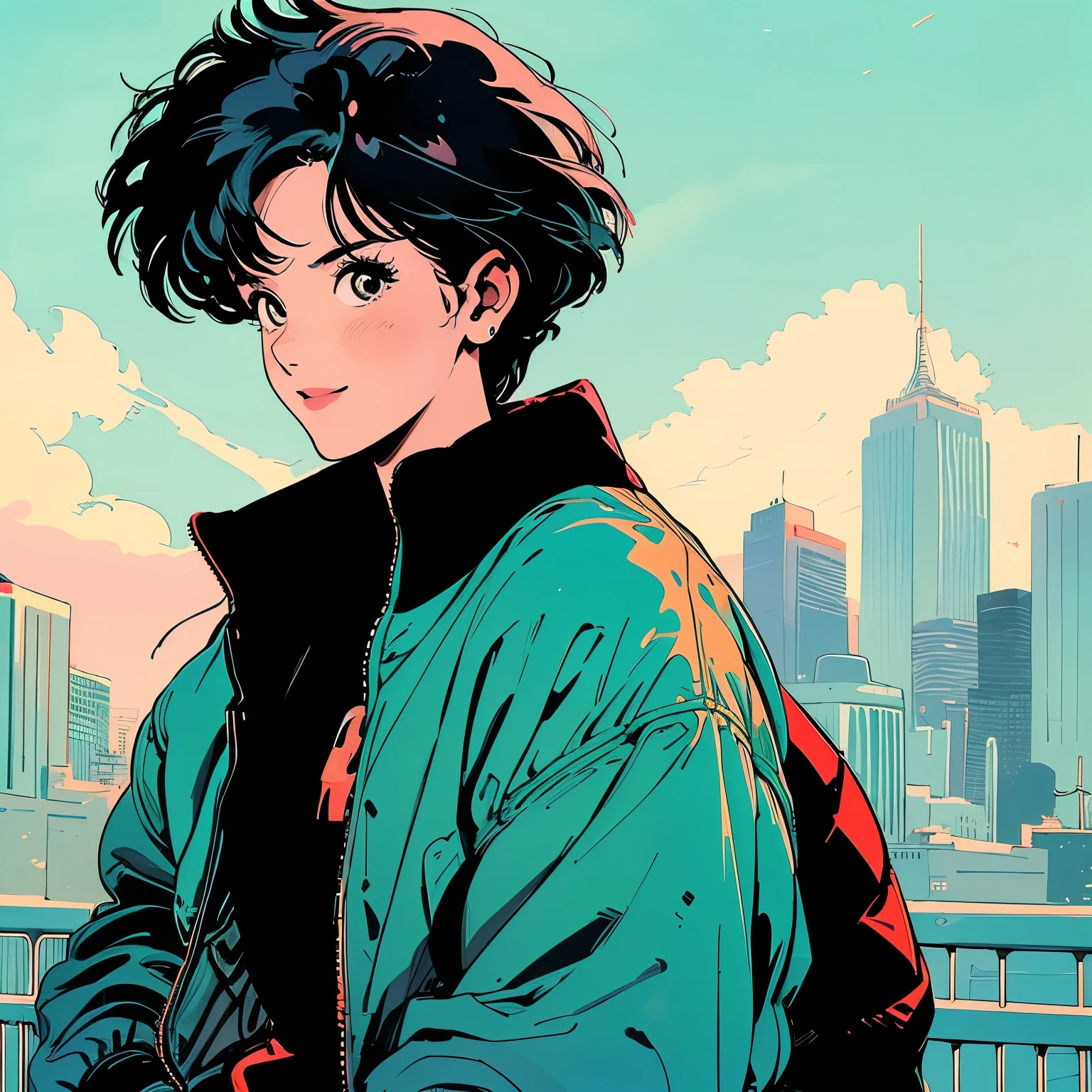 whole body, Upper Body、1 female, 4k, Warm colors , Black jacket、one piece, View the city from the rooftop, Very beautiful face、profile, Complex background、Green Hair、smile、Short Hair、cloud