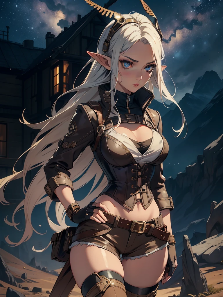 masterpiece, high quality, 1_woman, ((upper body)), ((hand on hip)), standing, (exotic skin_complexion:1.4), mature, (looking away from the viewer), (pouting face), tall, beautiful, exotic, with long elf ears, long hair, silver hair, detailed face, having diamond shaped eyes, blue eyes, (dark_eyeliner), long_eyelashes medium_bust, wearing Steampunk corset, chest window, (brown shorts), crossing belts, (goggles on head), long fingerless_gloves, belts with metal gears, black thigh highs with embroidery, knee boots with laces, dynamic lighting casts detailed shadows, mountains in distance, walking path, grassy field, night sky, stars,