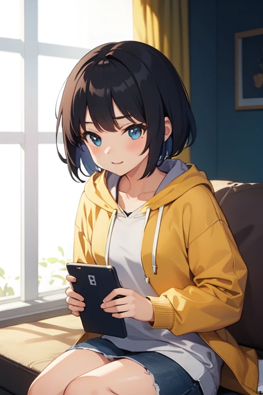 girl wearing hoodie jacket with cute short hair. Use the golden ration, good viewing angle