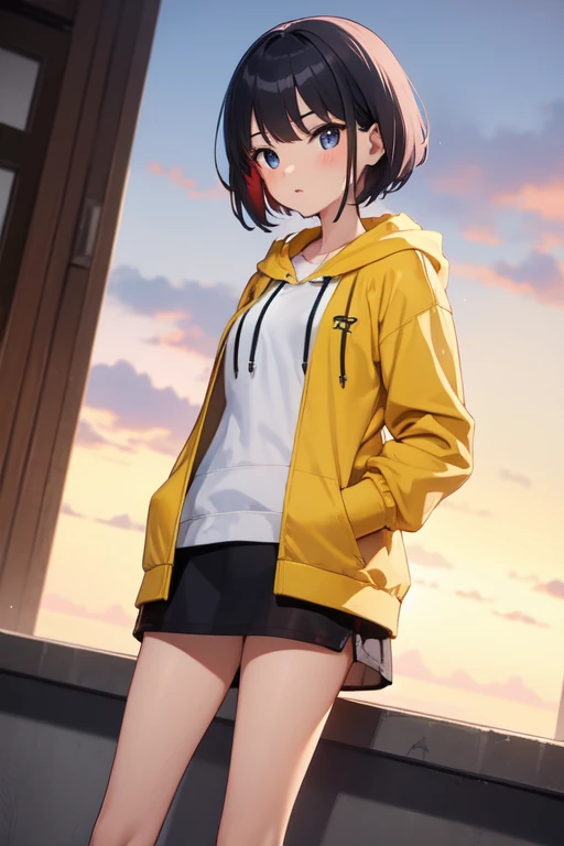 girl wearing hoodie jacket with cute short hair. Use the golden ration, good viewing angle  