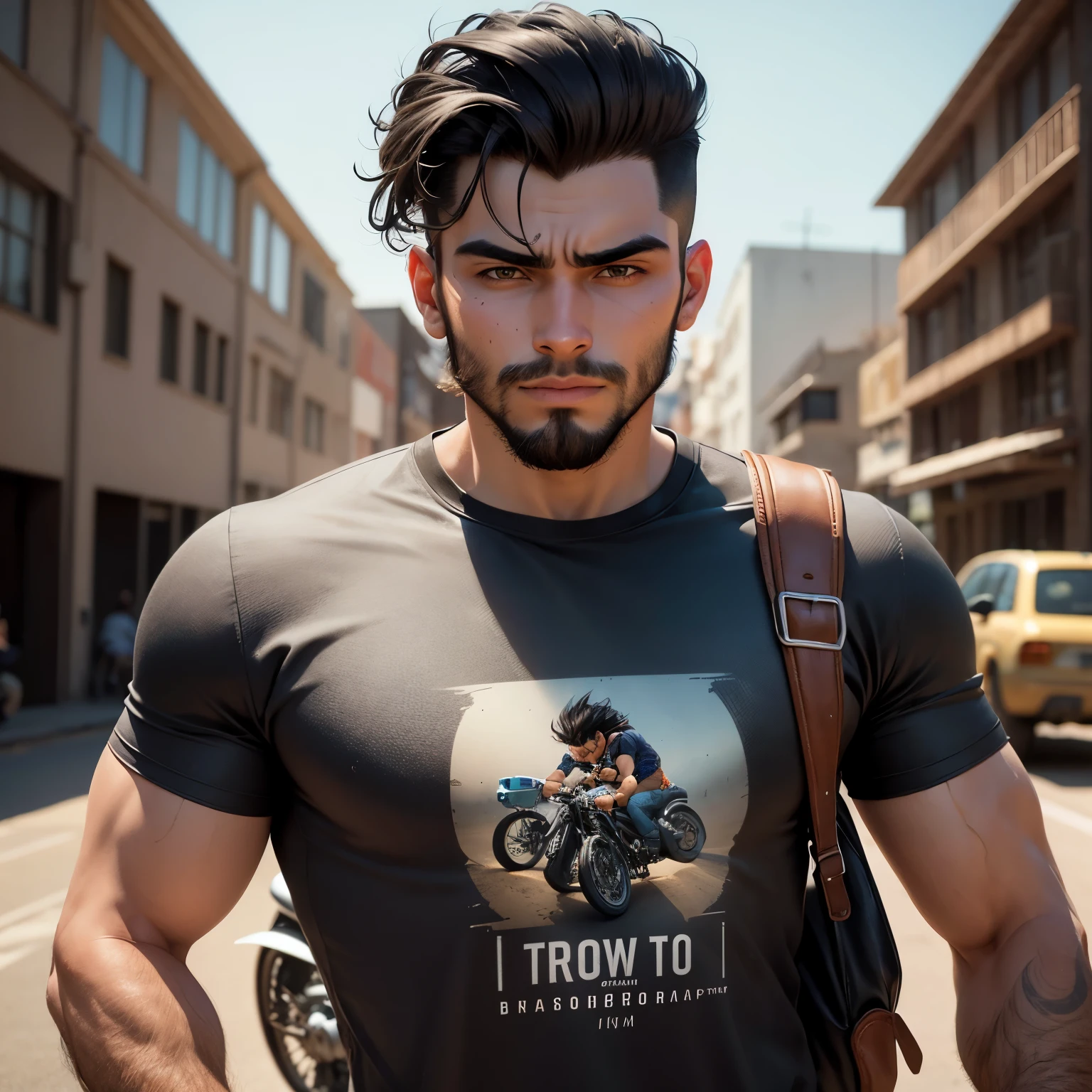 Criar um personagem no estilo Pixar. Trata-se de um homem de 24 anos, com barba cavanhaque, negro, com cabelos castanhos curtos e um quiff, e olhos castanhos. Ele deve estar na frente de uma moto, Trabalhar como motoboy