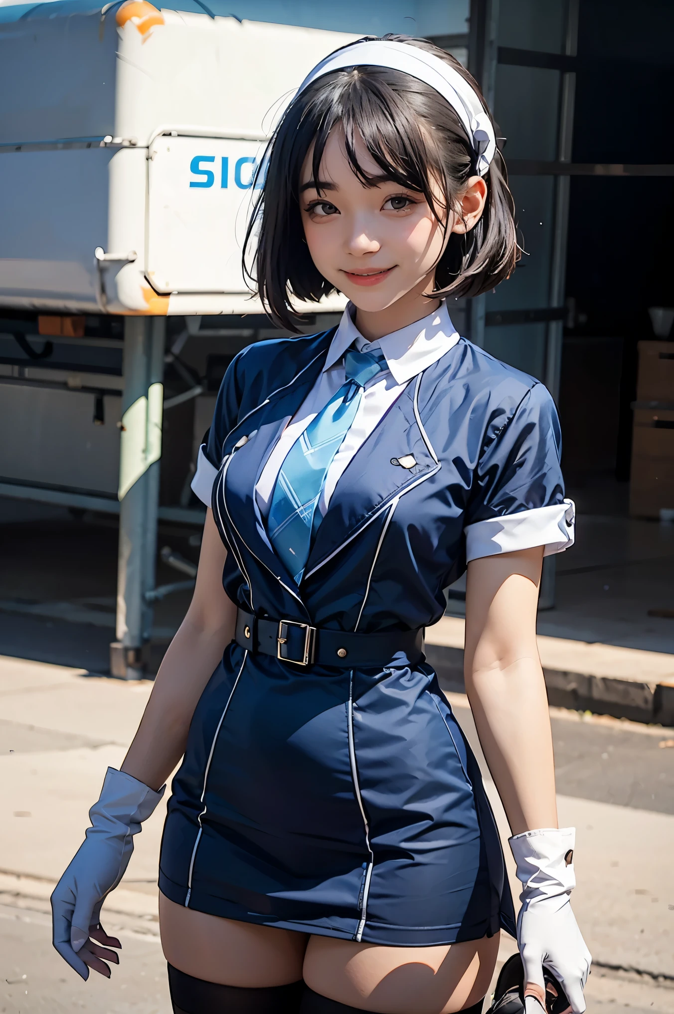 2d, masterpiece, best quality, anime, highly detailed face, highly detailed eyes, highly detailed background, perfect lighting, cowboy shot, 1girl, solo, aki rosenthal, collared dress, short dress, short sleeves, blue jacket, black thighhighs, detached hair, long hair, low twintails, bob cut, necktie, headgear, white gloves, elbow gloves, wide hips, smile, standing, spacecraft interior 