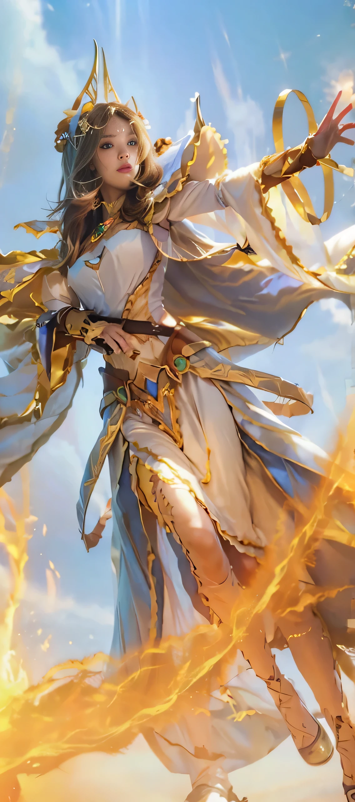 A girl, Hero character, hero character in mobile legends Bang-Bang, epic character, Photo-realistic, magician, fantasy-art, concept art, (uhd, masterpiece:1.35, tile resample, enhancer, beautiful-enhancer), (Looking towards the viewer), use veil in face, beautiful-detailed face and hair, (body detail:1.35), (hand and fingers detail:1.2), (costume detail:2.0), (background detail:1.0), (Significant costume details with pictures), (((FIX the face of this picture)))