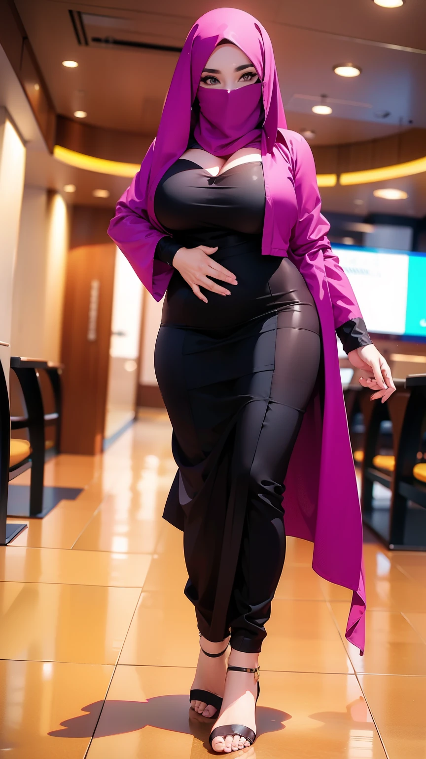 A busty hijabi girl, Arabic ethnicity, brown skin, Muslim, mature woman, wearing a secretary outfit, purple open shirt, black jacket, mini skirt, brow stocking, a black high heel, silk headscarf, big natural breasts, nice rounded ass, cleavage, sexy, thick hips, beautiful feet, smiling at the viewer, top view, in a corporate environment, taking a picture in reunion room, pc wallpaper, 8k, 4k, wallpaper, full body shot, subject in the middle of the frame