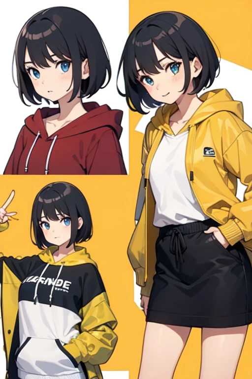 girl wearing hoodie jacket with cute short hair. Hard poses. Use the golden ration, good viewing angle