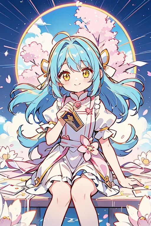 (Tabletop)Long Hair、Yellow Eyes、Blue Hair、Card Captor Sakura、clear card version、kinomoto sakura、about、fluffy、clear sky and sun、smile、rainbow、pastel colour、One Girl、Background Single Color、Simple、Sitting、