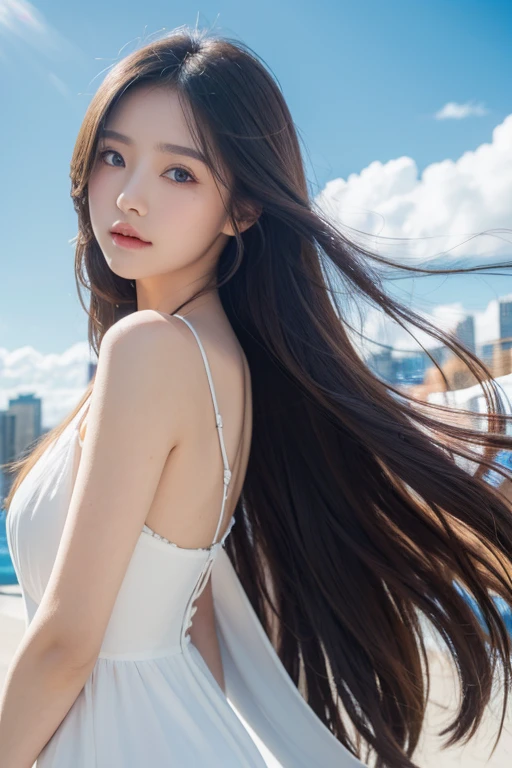 8K Super Resolution、Beauty、One Woman、Dark Brown Hair:1.1、Highly detailed face、Lips detail、important、(Eyes meet)、double eyelid、Princess Eyes、Beautiful Japanese Women、Beautiful Japanese Women、Sensual lips、Bewitching body、20th Generation、(21 years old)、far and near method、 Realistic Japanese women、Wearing a super realistic detailed tank top and mini skirt、Hair blowing in the wind、I can see your chest、Crisp images、The delicate sparkle of the eyes、Ultra-realistic detailed park with river、color々Hair style、Smiling with a nice smile、There is a thick fog in the background、Fantastic landscape、