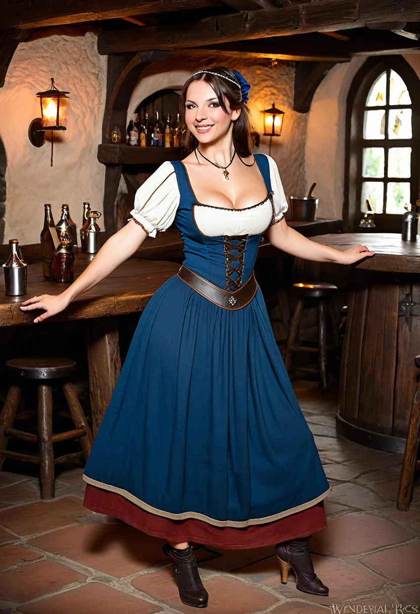 (background is oversized medieval tavern:1.3), she is looking up at the camera, (doll-sized:1.3) (thicc:1.4) (small bright blue eyed:1.5) (40-year-old liv tyler:1.2) (kneeling on an oversized wooden bartop:1.4) (holding oversized beer mug:1.5), (medieval barmaid frilly dress and corset:1.5), (chubby freckled face:1.3), (seductive smile:1.3), (very tiny nose:1.2), (very pale skin:1.4), knees bare