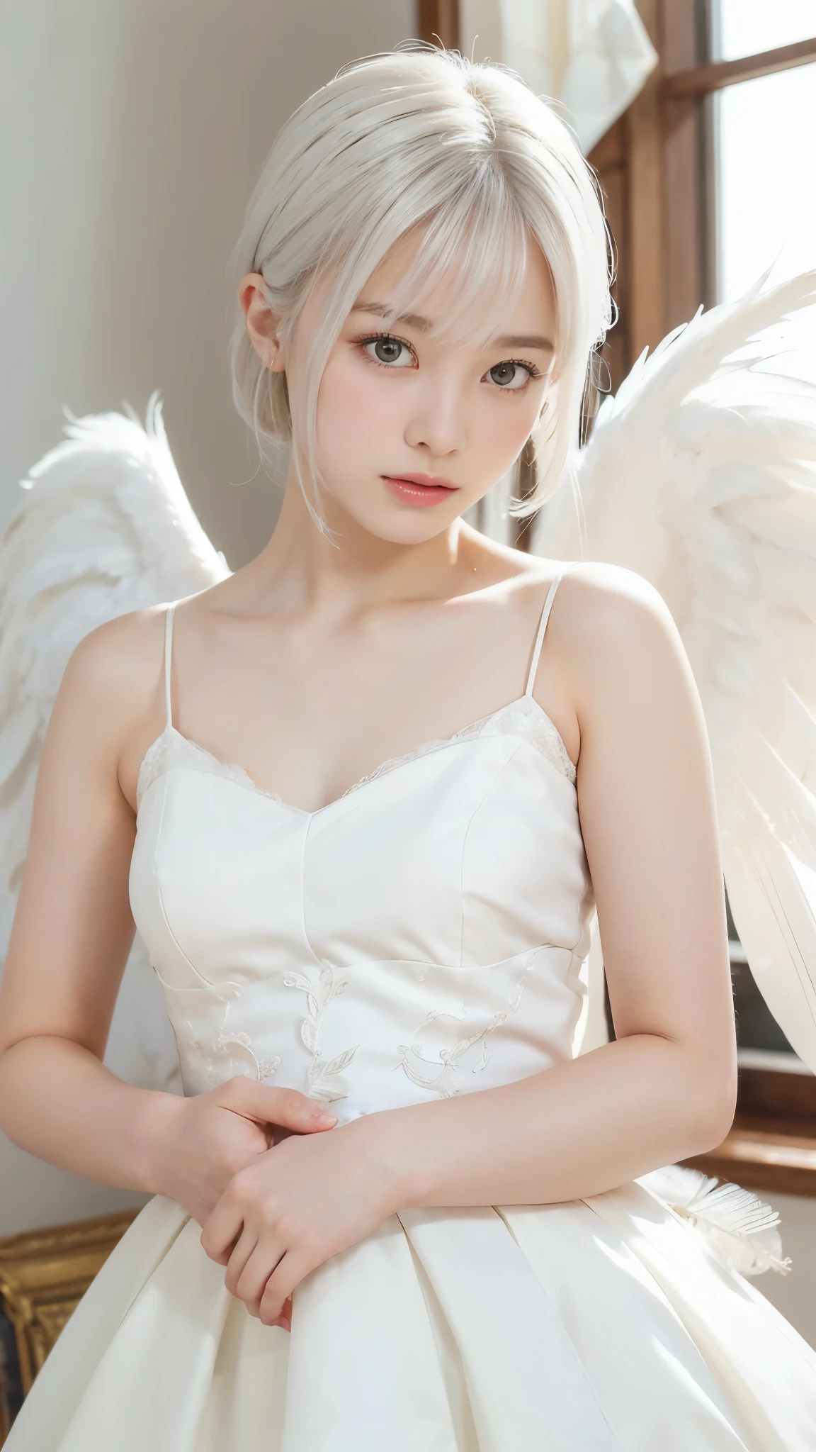 ((highest quality:1.3、8k、masterpiece))、One Girl、Detailed face 1:2、Cute Face、Fine grain、Beautiful woman、Lesbians all over、Angelicales、Angel、White Skirt、White Tops、feather、Gentle light、Light background、Great background、White gold hair、Are standing、((Random sexy poses))
