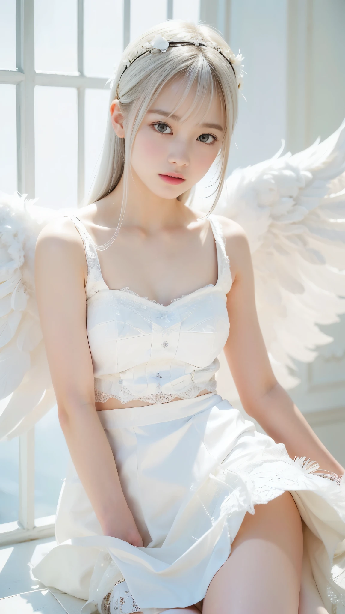 ((highest quality:1.3、8k、masterpiece))、One Girl、Detailed face 1:2、Cute Face、Fine grain、Beautiful woman、Lesbians all over、Angelicales、Angel、White Skirt、White Tops、feather、Gentle light、Light background、Great background、White gold hair、Are standing、((Random sexy poses))