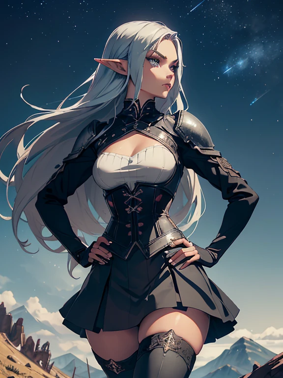 masterpiece, high quality, 1_woman, ((upper body)), ((hand on hip)), standing, (exotic skin_complexion:1.4), mature, (looking away from the viewer), (pouting face), tall, beautiful, exotic, with long elf ears, long hair, silver hair, detailed face, having diamond shaped eyes, blue eyes, (dark_eyeliner), long_eyelashes medium_bust, wearing fantasy corset, chest window, (black skirts), crossing belts, long fingerless_gloves, belts with metal gears, black thigh highs with embroidery, knee boots with laces, dynamic lighting casts detailed shadows, mountains in distance, walking path, grassy field, night sky, stars, 