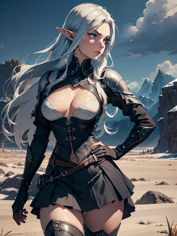 masterpiece, high quality, 1_woman, ((upper body)), ((hand on hip)), standing, (exotic skin_complexion:1.4), mature, (looking away from the viewer), (pouting face), tall, beautiful, exotic, with long elf ears, long hair, silver hair, detailed face, having diamond shaped eyes, blue eyes, (dark_eyeliner), long_eyelashes medium_bust, wearing fantasy corset, chest window, (black skirts), crossing belts, long fingerless_gloves, belts with metal gears, black thigh highs with embroidery, knee boots with laces, dynamic lighting casts detailed shadows, mountains in distance, walking path, grassy field, night sky, stars,