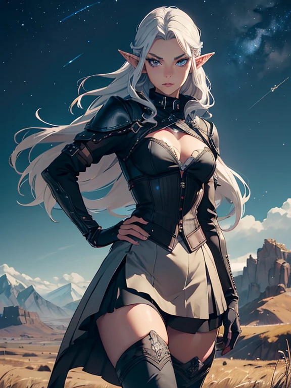 masterpiece, high quality, 1_woman, ((upper body)), ((hand on hip)), standing, (exotic skin_complexion:1.4), mature, (looking away from the viewer), (pouting face), tall, beautiful, exotic, with long elf ears, long hair, silver hair, detailed face, having diamond shaped eyes, blue eyes, (dark_eyeliner), long_eyelashes medium_bust, wearing fantasy corset, chest window, (black skirts), crossing belts, long fingerless_gloves, belts with metal gears, black thigh highs with embroidery, knee boots with laces, dynamic lighting casts detailed shadows, mountains in distance, walking path, grassy field, night sky, stars, 