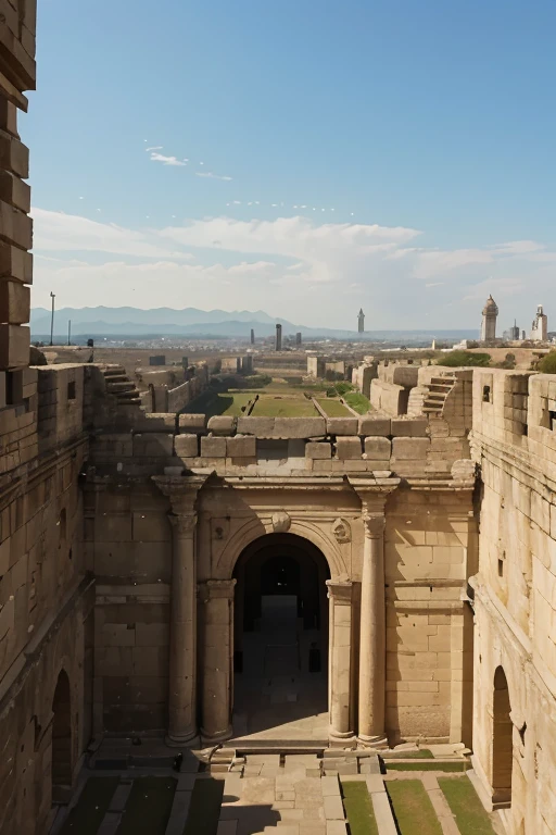 "Draw an ancient city from the 8th century BC. A cidade deve ser toda murada com uma muralha alta e imponente. The view must be from the outside and from above, capturing the grandeur of the wall and the layout of the city inside. Add details like surveillance towers, Entrance gates, and any distinctive feature of the architecture of that time. The atmosphere should convey the grandeur and robust defense of the city seen about 3 km away."