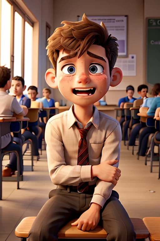 sad young caucasian boy, seated in the corner of the classroom, crying, he is being bullied by older boys.