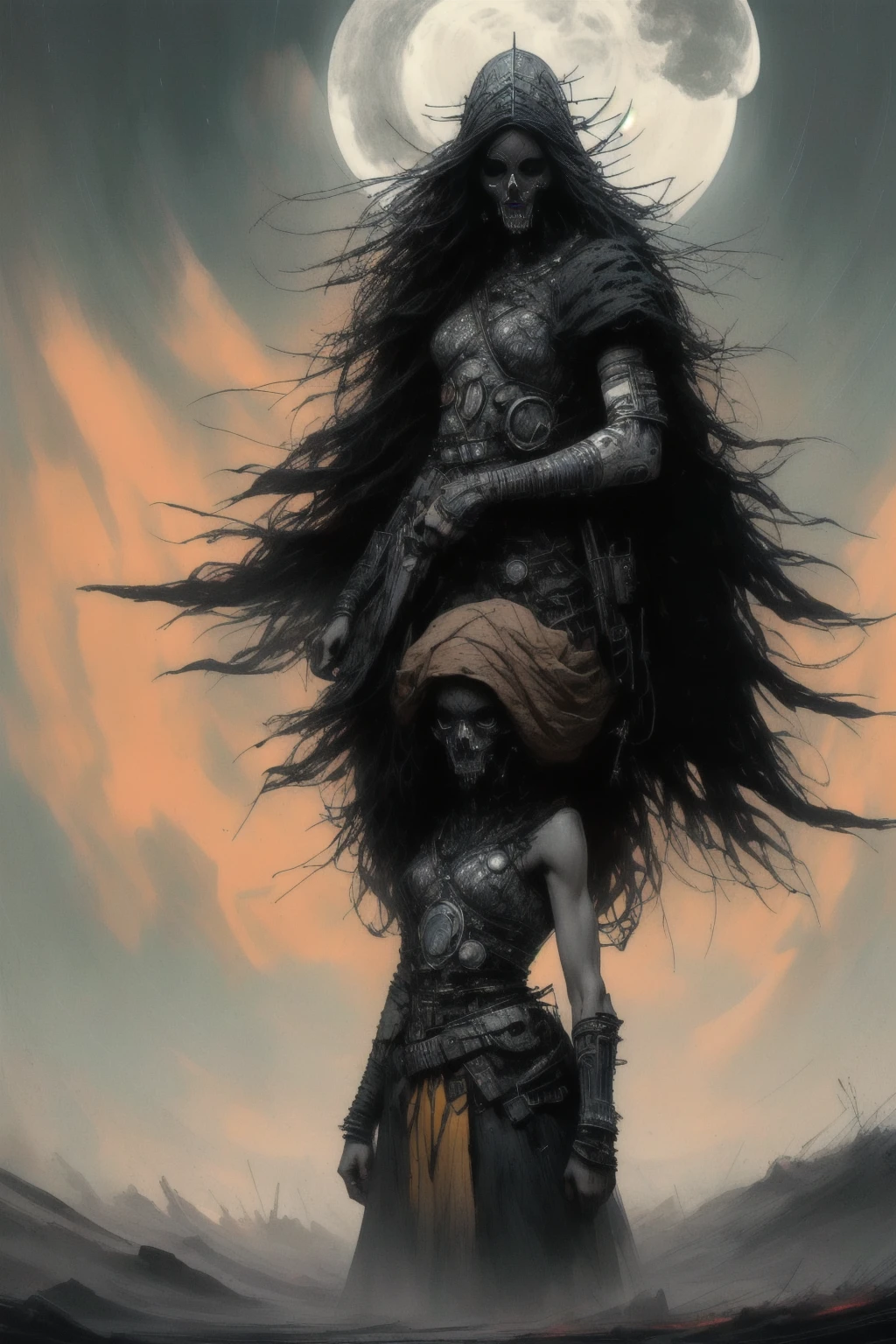 dark and torn, 1 young beautiful muscular body, fierce expression, holding a gun, (colors on her clothes, warm, orange, yellow, violet:1.3), standing on a desolate wasteland, dramatic lighting, intense shadows, sandy texture, tall contrast, vibrant colors, dynamic pose, powerful stance, rugged background, explosive atmosphere, dystopian theme, surreal elements, digitally painted illustration, HD resolution, intricate details, dramatic composition, avant-garde and chaotic brush strokes, gothic style, intense emotions, epic scale, raw and gritty feel, captivating and provocative artwork.