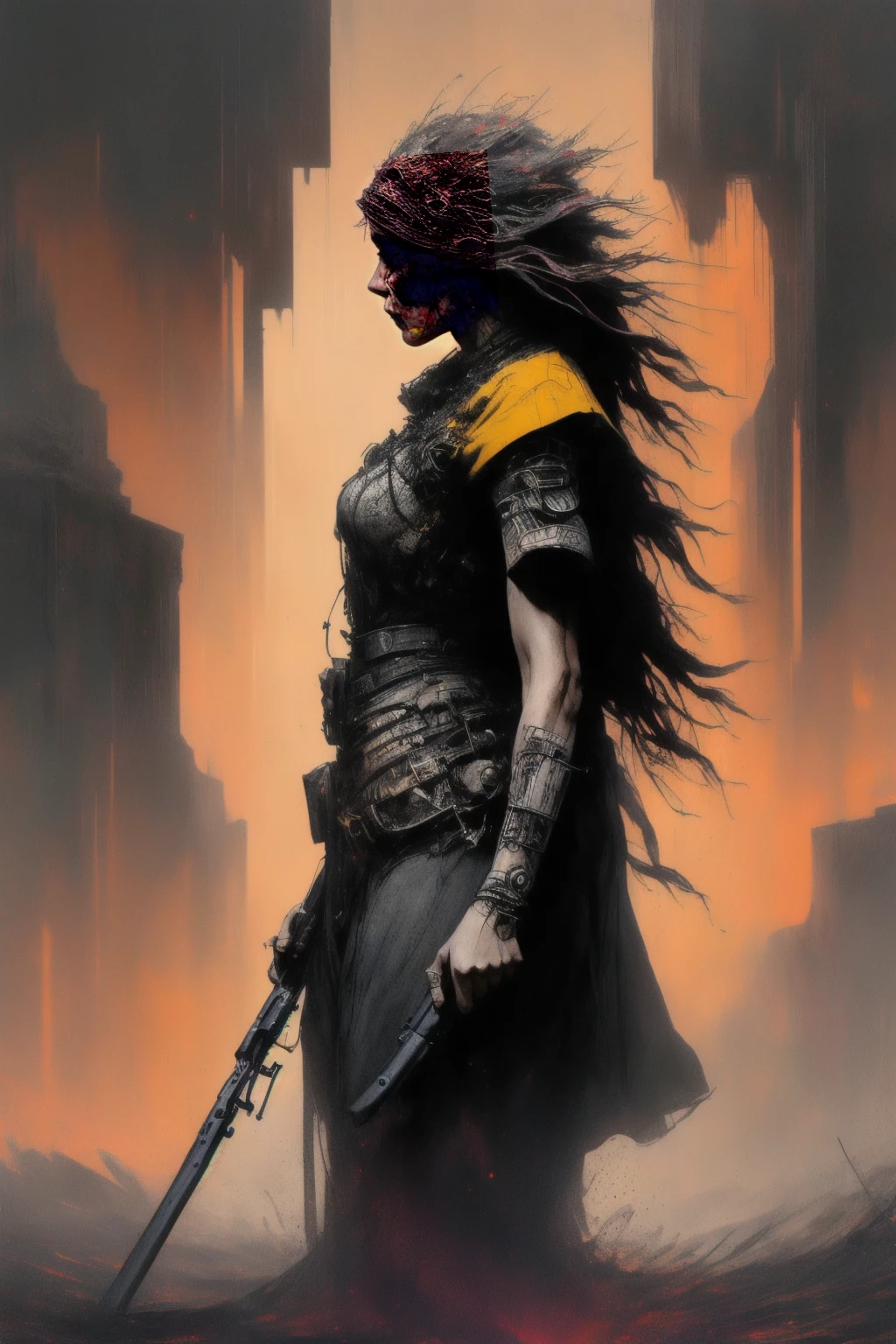 dark and torn, 1 young beautiful muscular body, fierce expression, holding a gun, (colors on her clothes, warm, orange, yellow, violet:1.3), standing on a desolate wasteland, dramatic lighting, intense shadows, sandy texture, tall contrast, vibrant colors, dynamic pose, powerful stance, rugged background, explosive atmosphere, dystopian theme, surreal elements, digitally painted illustration, HD resolution, intricate details, dramatic composition, avant-garde and chaotic brush strokes, gothic style, intense emotions, epic scale, raw and gritty feel, captivating and provocative artwork.