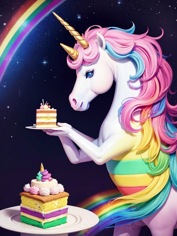 A unicorn eating cake over a rainbow 