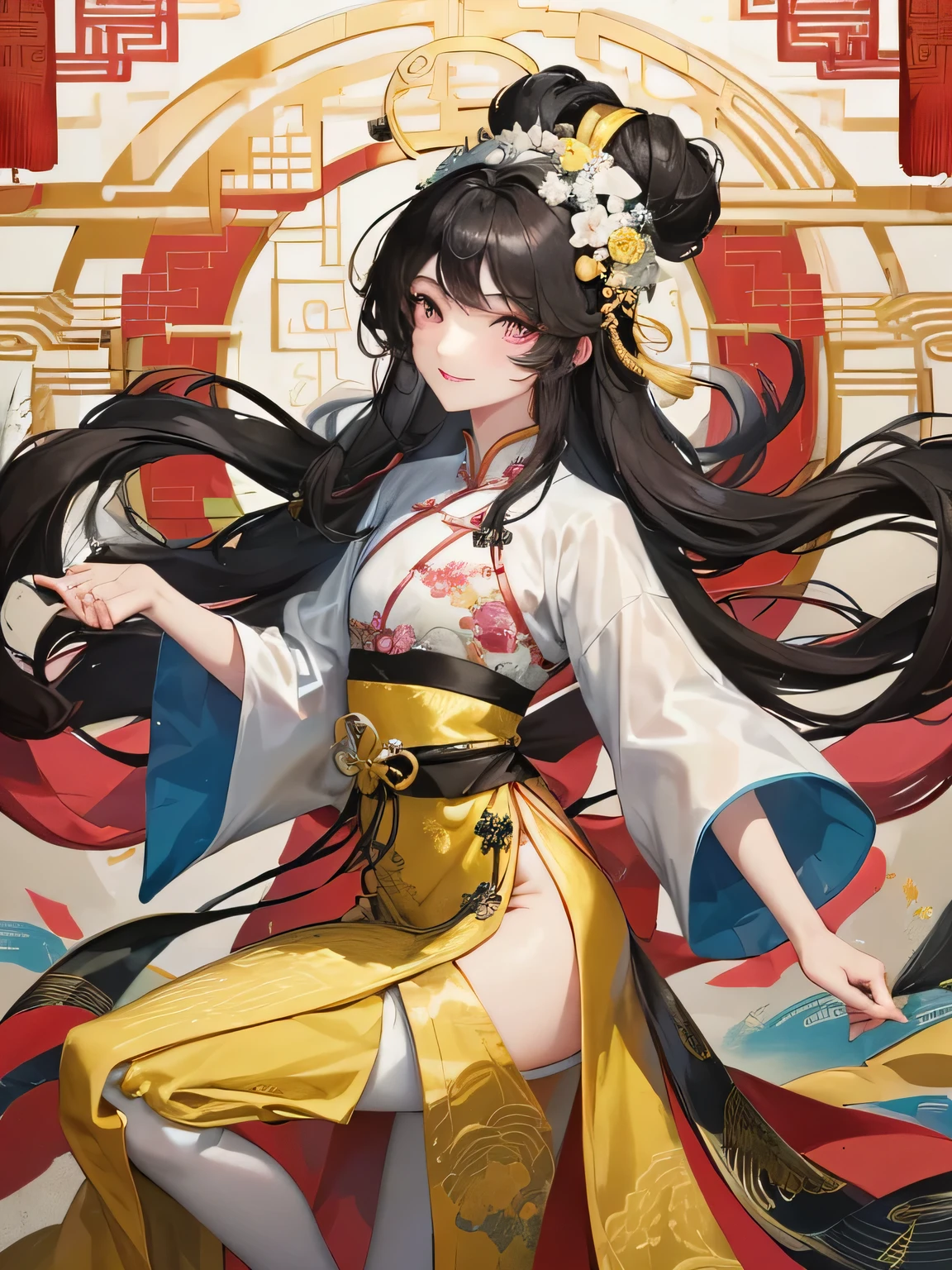 A distinguished Chinese man,
Clad in traditional attire,
With long, black, wavy hair that cascades down his back,
His eyes, a striking yellow that pierces the soul,
Carries a bitter smile that hints at a story yet untold,
His clothes, embellished with intricate patterns,
Whispering tales of ancient China,
His long legs covered in black pantyhose,
And a small but significant white cloth bun atop his head,
Pale pink lips parted in a subtle smile,
A man of depth and mystery,
Captivating the viewer with his charm and allure,
A masterpiece of Chinese artistry