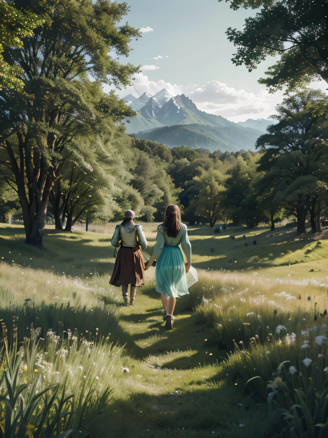 In a green meadow stands a girl leading a group of knights.
BREAK
With a brave expression, she guides them towards their destination.
BREAK
Behind her, a green forest stretches out and beyond that, mountains rise in the distance.
BREAK
The most suitable effect for this scene would be a watercolor painting technique to capture the softness of the meadow and the fluidity of the movement.
