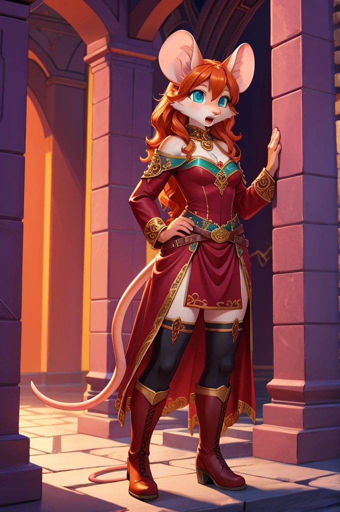bright colors, fantasy style art, looking at herself in surprise, facing viewer, beautiful anthropomorphic female mouse, mature and young, tall character, 5 feet 11 inches tall, teal eyes, orange and white skin, long wavy bright orange hair, shapely body, skinny body, healthy body, orange and white furry mouse skin, long mouse tail, curvy chest, correct anatomy, correct tail, purple and red warrior outfit, ornate red clothes, fancy purple patterns and symbols, 2 red dress coattails hanging down her sides, high brown leather boots, long draping red sleeves, surprised,, open mouth, curious expression, wide eyes, standing in a purple stone temple, high quality digital art, 2k, professional illustration, highly detailed