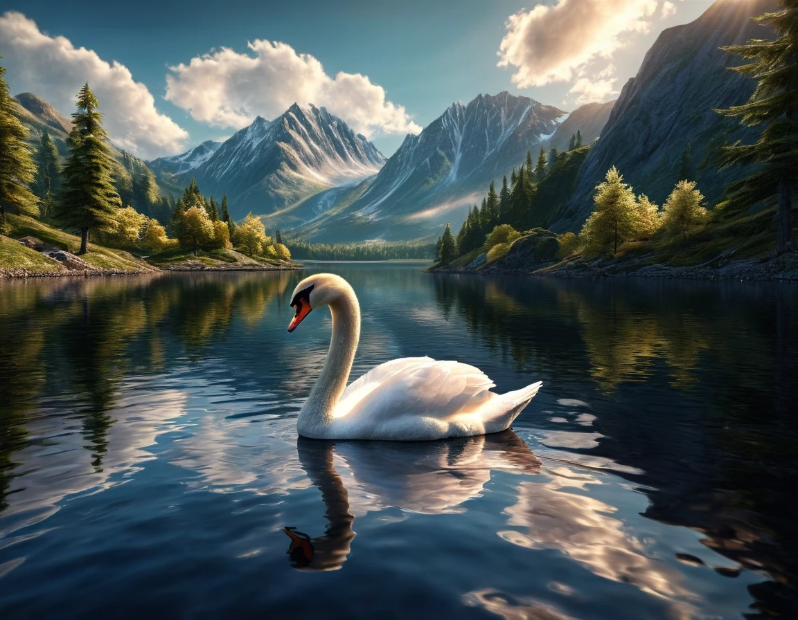 Reflective art.  Close-up A swan is reflected in a mountain lake. Sharp focus on the reflection of the swan . A magnificent landscape . Mountains , forest , clouds , the rays of the sun shine through the clouds .  ultra hd, realistic, vivid colors, highly detailed, UHD drawing, pen and ink, perfect composition, beautiful detailed intricate insanely detailed octane render , 8k artistic photography, photorealistic concept art, soft natural volumetric cinematic perfect light , High Resolution, High Quality, Masterpiece