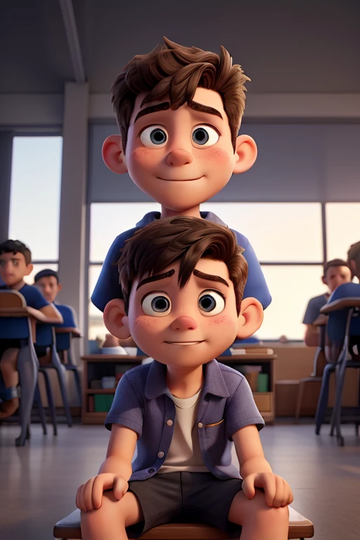 young Caucasian boy, sitting in the back of the classroom, alone, sad, being teased by older boys. No one helps him. Bullying. helpless . Crying. Two bigger boys around him. He is afraid