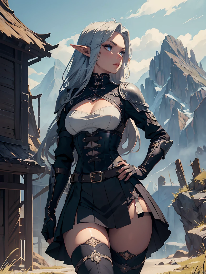 masterpiece, high quality, 1_woman, ((upper body)), ((hand on hip)), standing, (exotic skin_complexion:1.4), mature, (looking away from the viewer), (pouting face), tall, beautiful, exotic, with long elf ears, long hair, silver hair, detailed face, having diamond shaped eyes, blue eyes, (dark_eyeliner), long_eyelashes medium_bust, wearing fantasy corset, chest window, (black skirts), crossing belts, long fingerless_gloves, belts with metal gears, black thigh highs with embroidery, knee boots with laces, dynamic lighting casts detailed shadows, mountains in distance, walking path, grassy field, night sky, stars, 