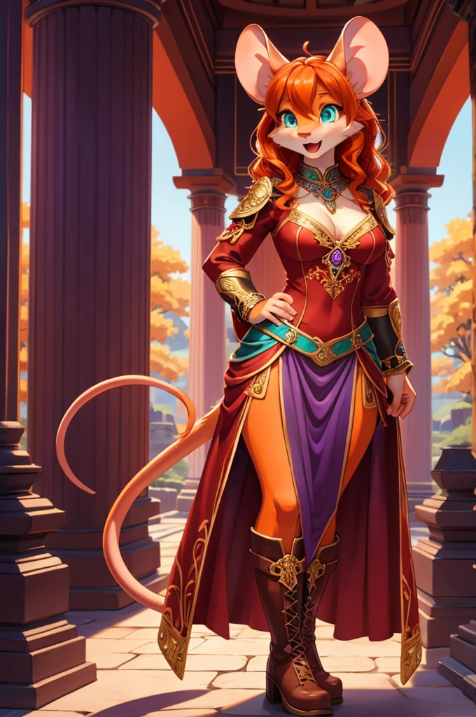 bright colors, fantasy style art, looking at herself in surprise, facing viewer, beautiful anthropomorphic female mouse, mature and young, tall character, 5 feet 11 inches tall, teal eyes, orange and white skin, long wavy bright orange hair, shapely body, skinny body, healthy body, orange and white furry mouse skin, long mouse tail, curvy chest, large bust, correct anatomy, correct tail, purple and red warrior outfit, ornate red clothes, fancy purple patterns and symbols, 2 red dress coattails hanging down her sides, high brown leather boots, long draping red sleeves, surprised,, open mouth, curious expression, wide eyes, standing in a purple stone temple, high quality digital art, 2k, professional illustration, highly detailed