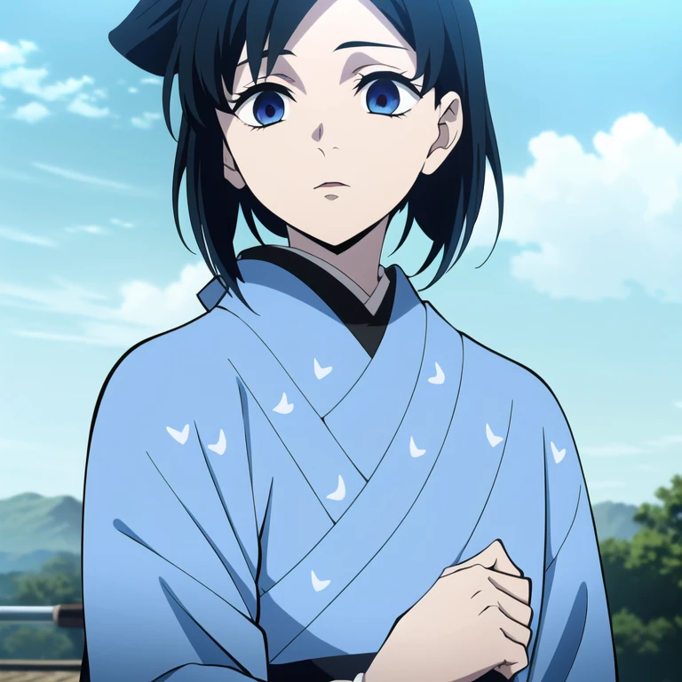 (masterpiece:1.3), (best quality:1.3), official art, super detailed, (solo), high detail, Soft Lighting, 16K, high Resolution, high detail skin, perfect skin, RAM Photo, Real Photo, pale skin, (sky blue gradient kimono with white droplet patterns:1.1), (1boy), extremely detailed CG unity 8k wallpaper, ultra detailed, (short hair), (bob-cut hair), (bob-cut ponytail), (two colored hair), (black hair), (sky-blue hair highlights), young-adult, looking directly at viewer, demon slayer rui fanart, inspired by Okumura Masanobu, anime moe artstyle, 2d anime style, cel - shaded art style, in an anime style, as an anime character, tsuaii, inspired by Awataguchi Takamitsu, inspired by Okumura Togyu, (anime screencap)